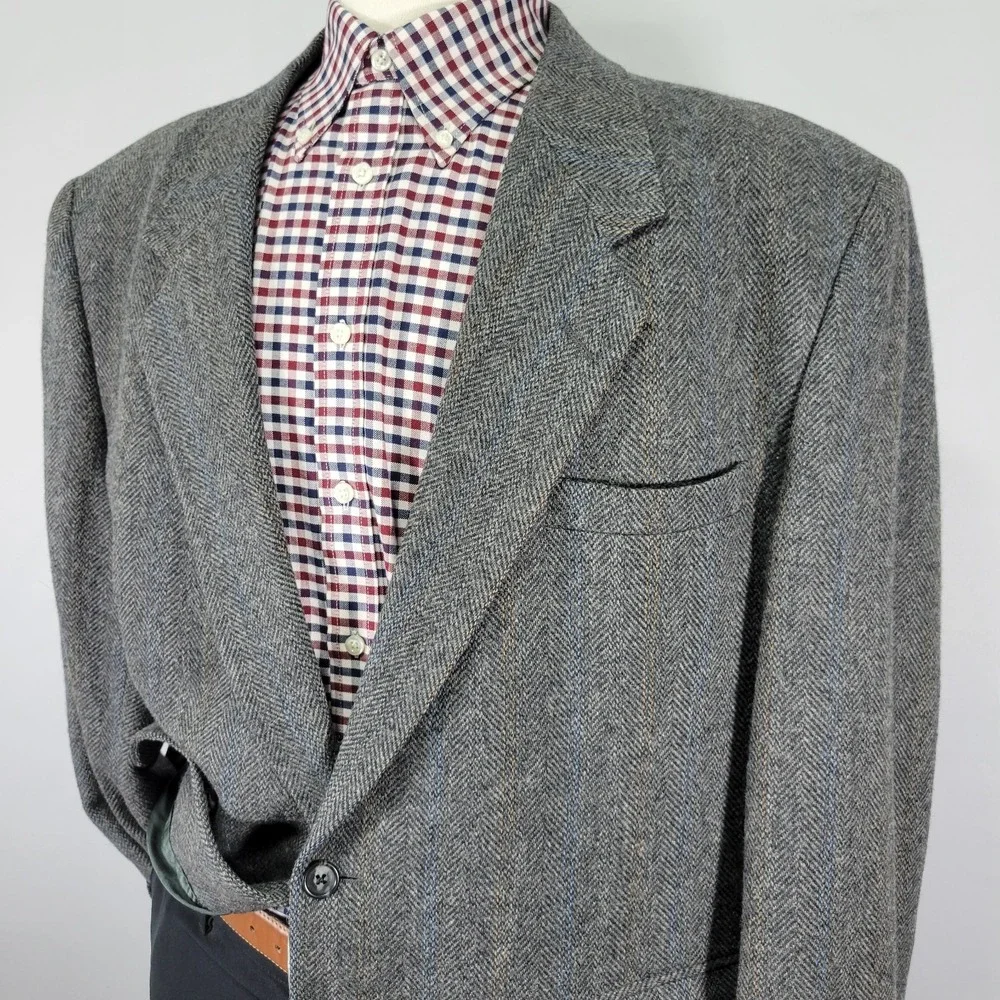 Cricketeer Men's Tweed Sport Coat Two Button Gray‎ Lambs Wool Herringbone 50R